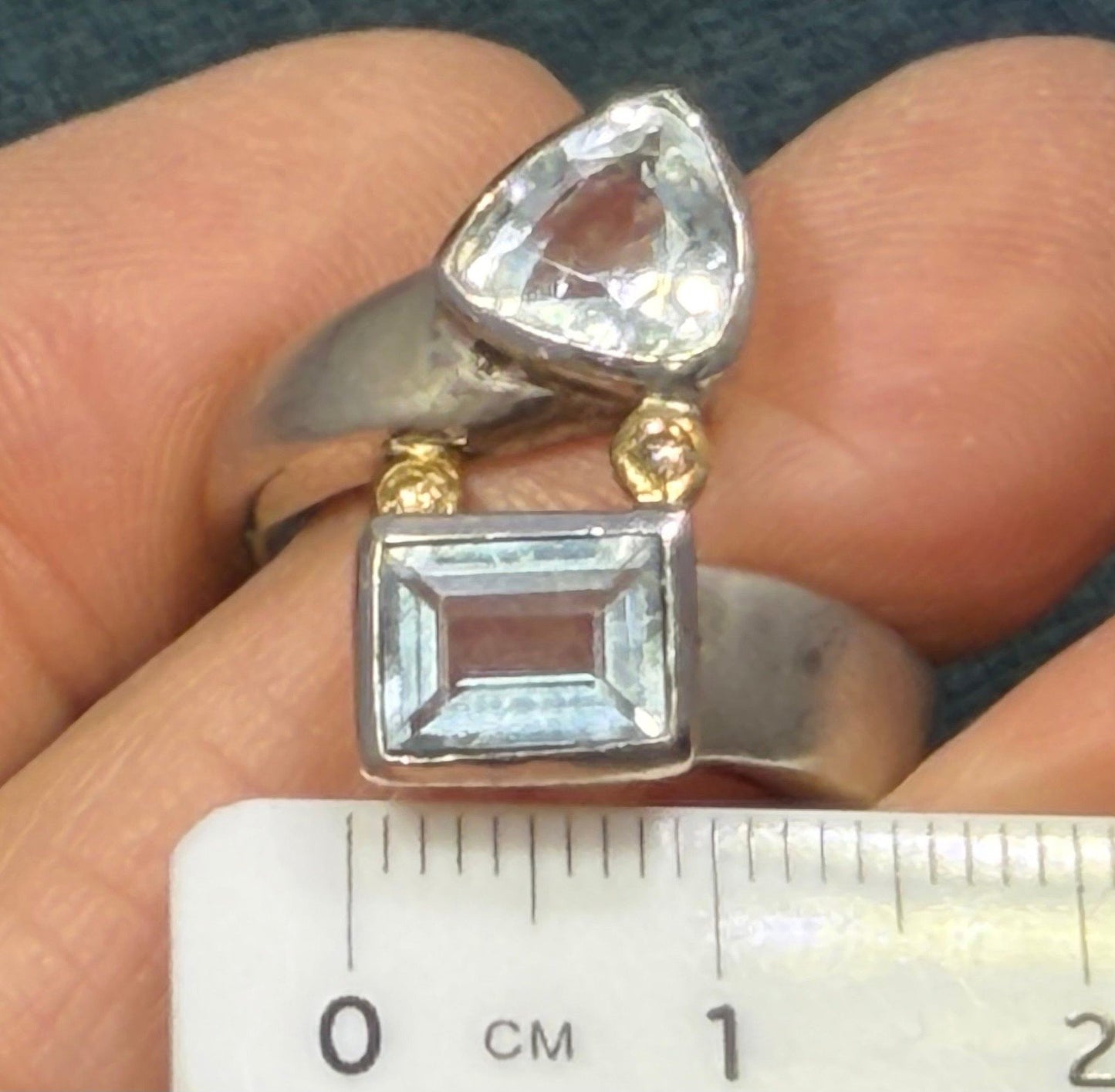 18k Gold + Sterling Silver 2 Aquamarine Ring w Champagne Diamonds. 10g + 3/4"