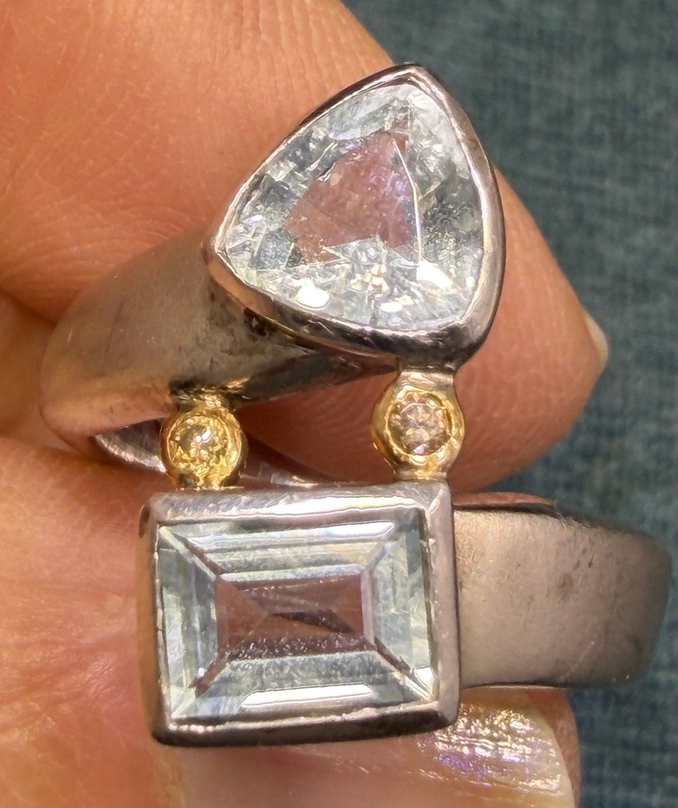 18k Gold + Sterling Silver 2 Aquamarine Ring w Champagne Diamonds. 10g + 3/4"