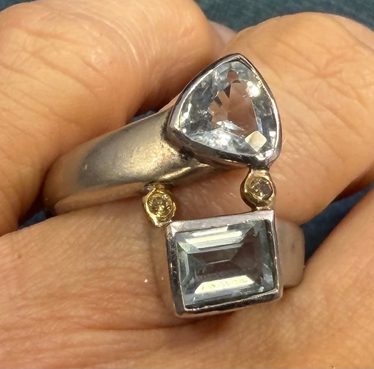 18k Gold + Sterling Silver 2 Aquamarine Ring w Champagne Diamonds. 10g + 3/4"