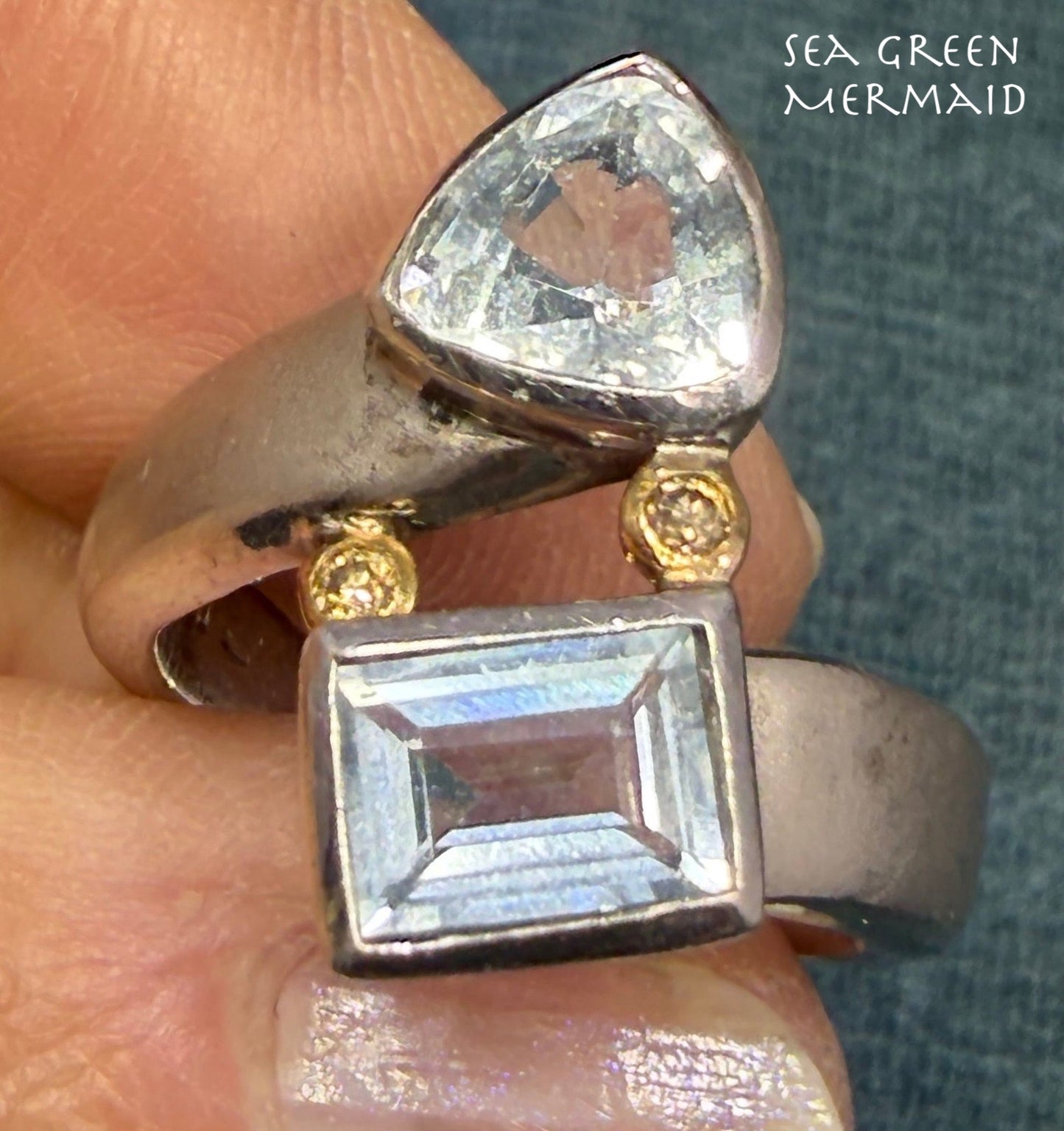 18k Gold + Sterling Silver 2 Aquamarine Ring w Champagne Diamonds. 10g + 3/4"