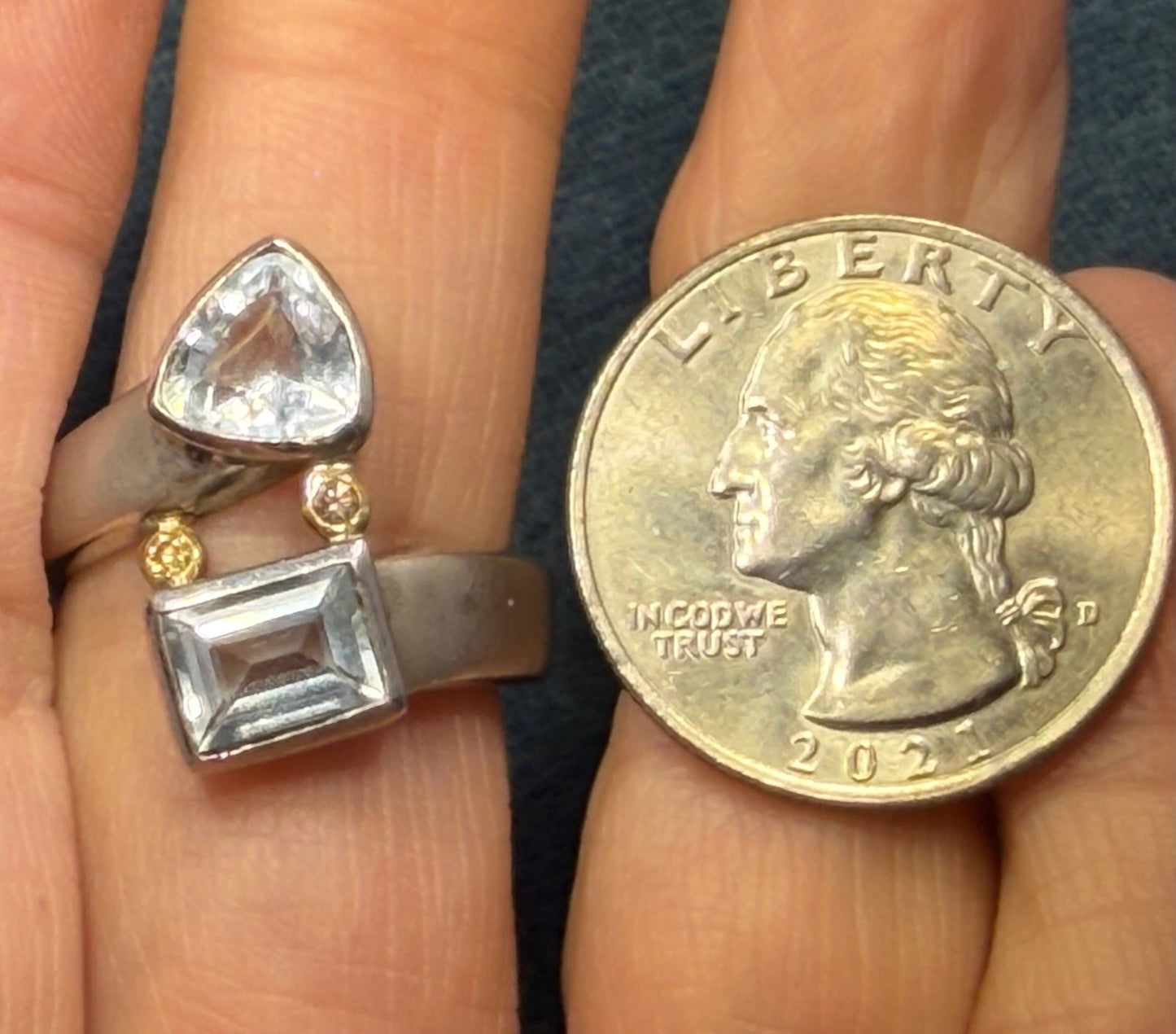 18k Gold + Sterling Silver 2 Aquamarine Ring w Champagne Diamonds. 10g + 3/4"