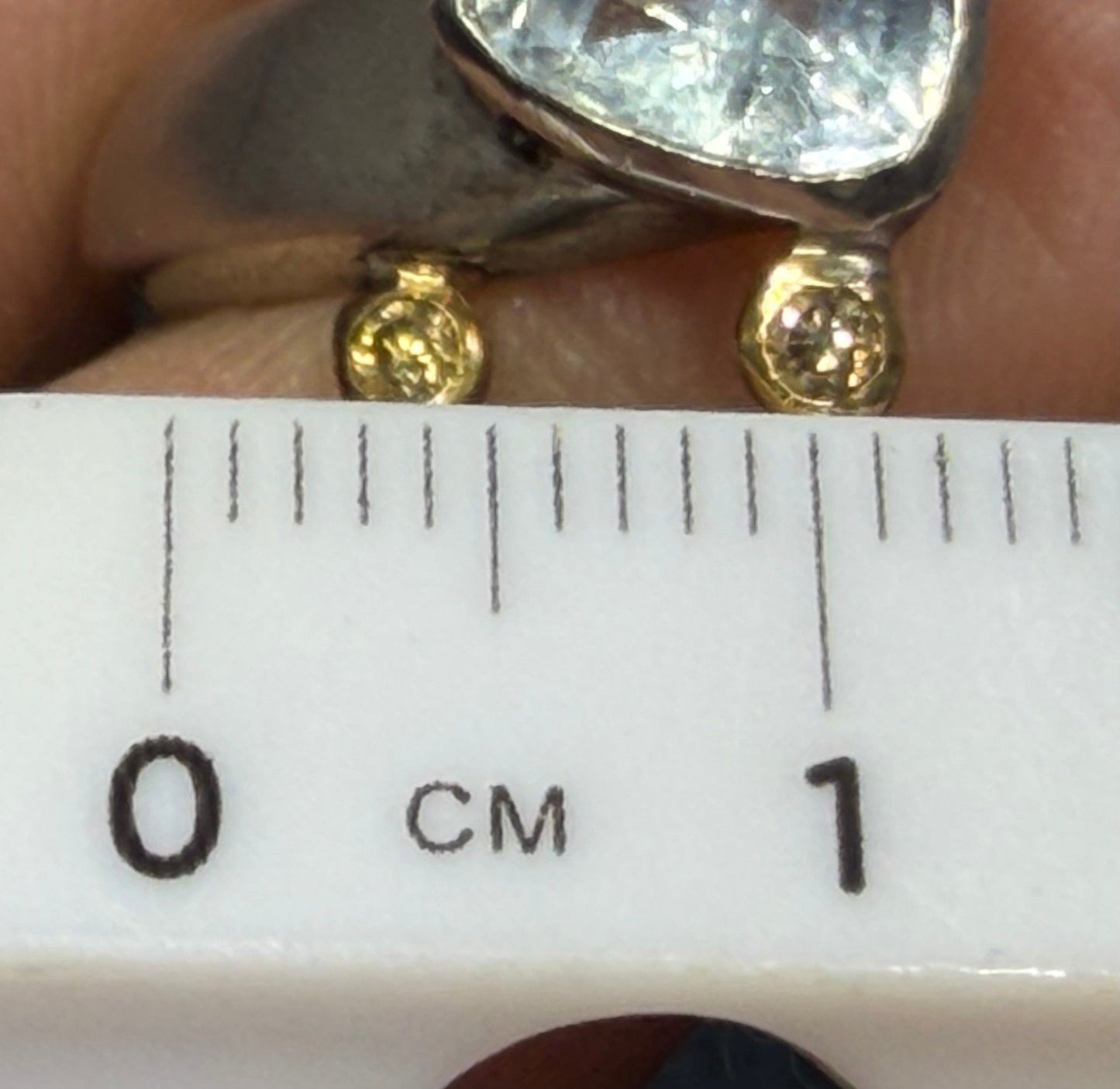 18k Gold + Sterling Silver 2 Aquamarine Ring w Champagne Diamonds. 10g + 3/4"