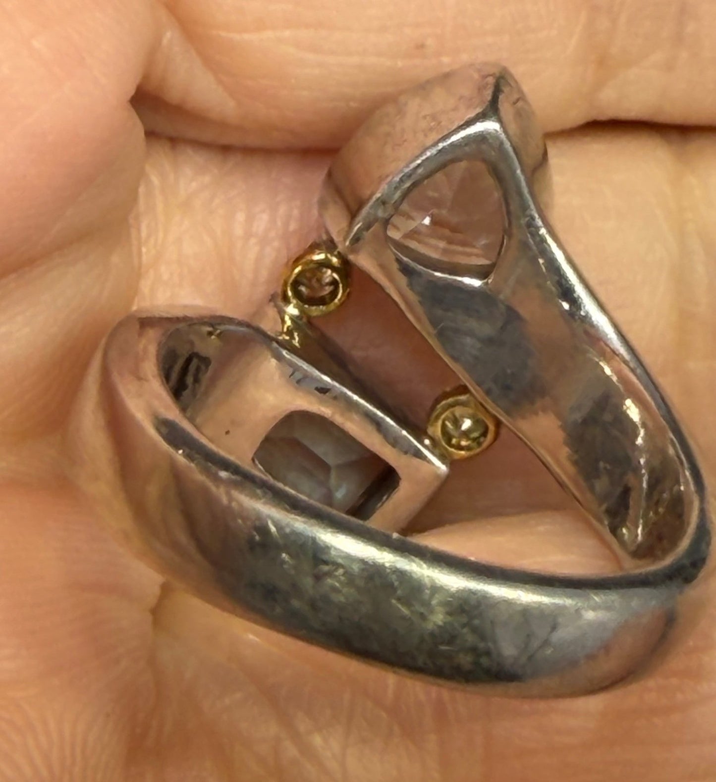 18k Gold + Sterling Silver 2 Aquamarine Ring w Champagne Diamonds. 10g + 3/4"