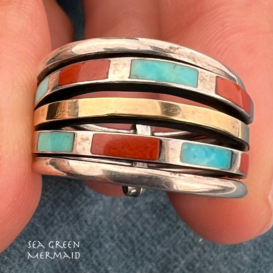 18k Gold + Sterling Silver Multi-Band Stacking Ring. Turquoise