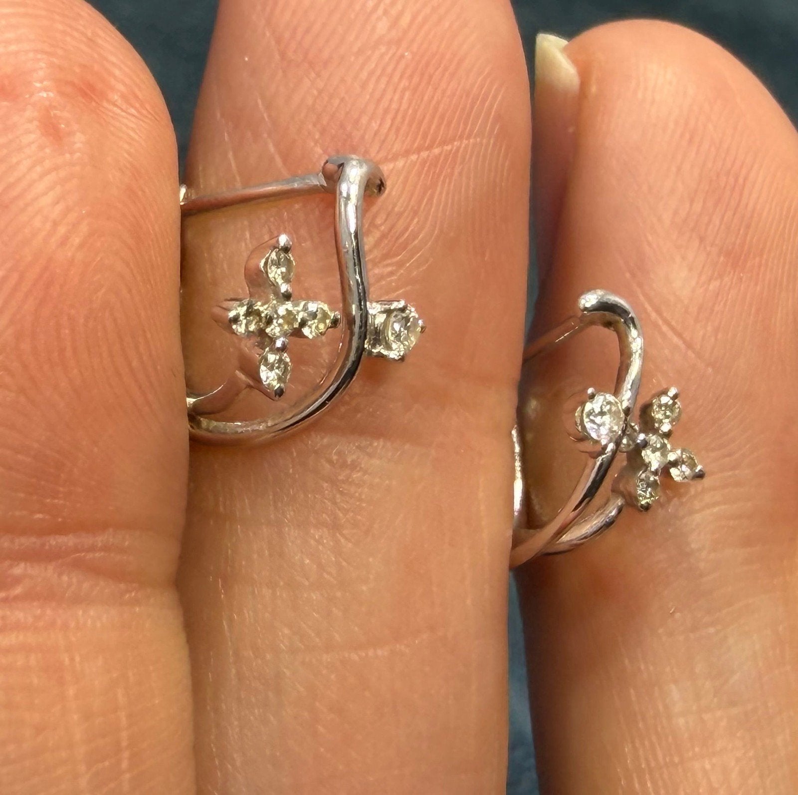 18k White Gold Diamond Flowers Huggies Hoop Earrings. Designer
