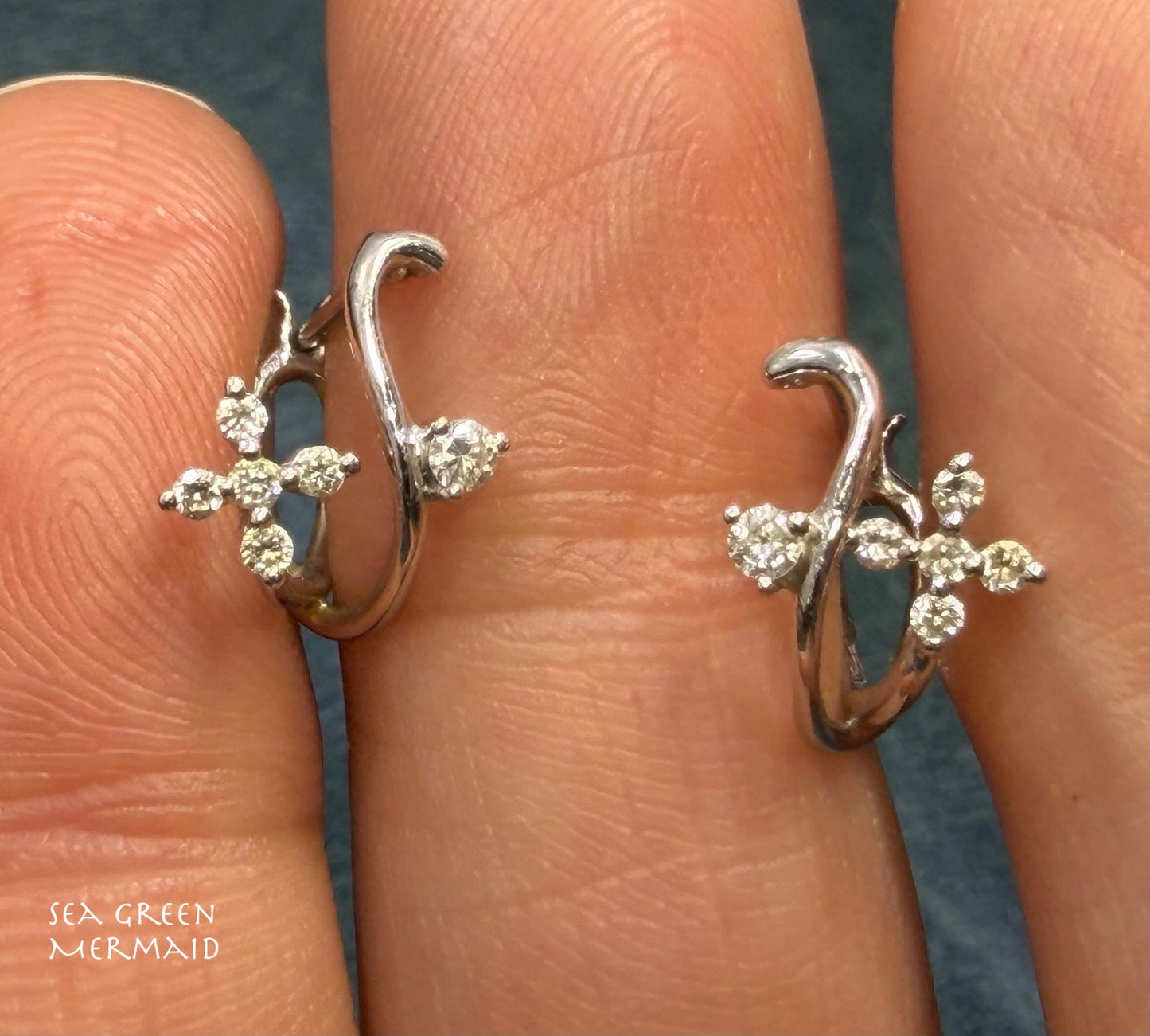 18k White Gold Diamond Flowers Huggies Hoop Earrings. Designer