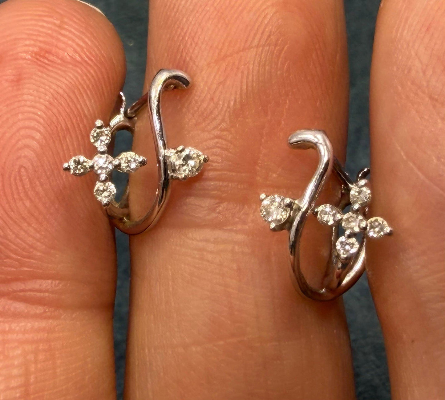 18k White Gold Diamond Flowers Huggies Hoop Earrings. Designer