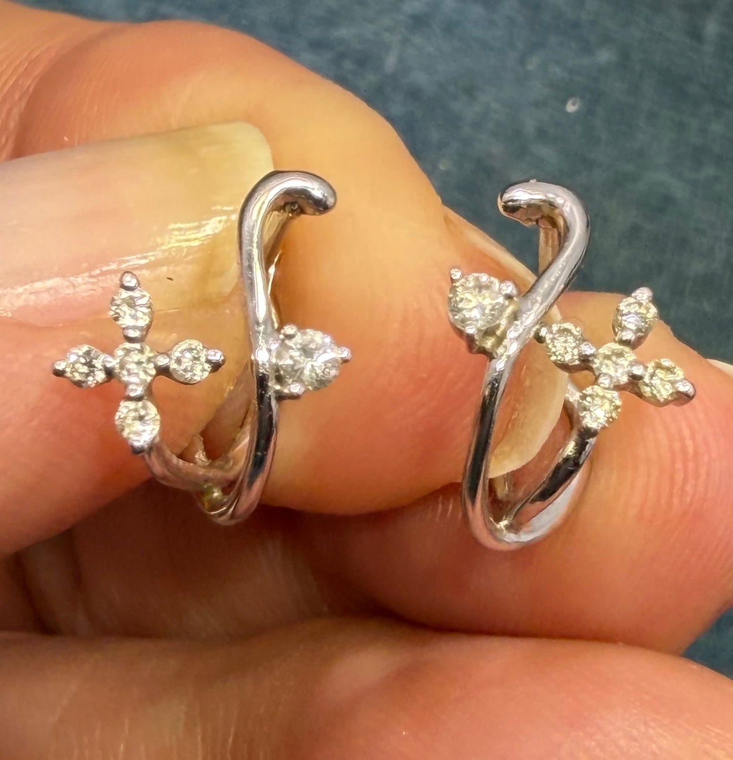 18k White Gold Diamond Flowers Huggies Hoop Earrings. Designer