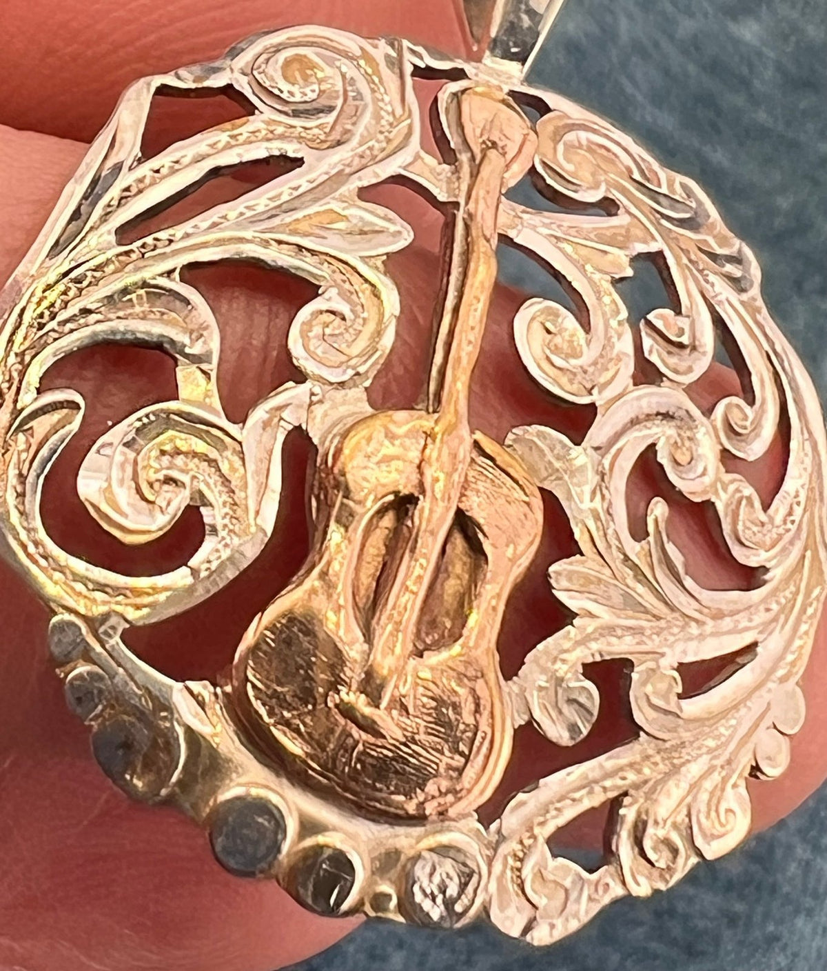 18k Yellow Gold Guitar on 925 Silver Filigree Medallion Pendant. 1.5"