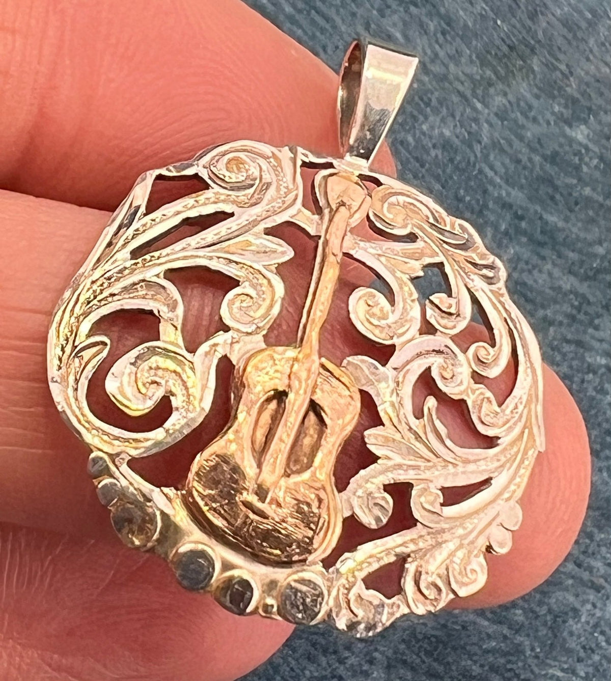 18k Yellow Gold Guitar on 925 Silver Filigree Medallion Pendant. 1.5"