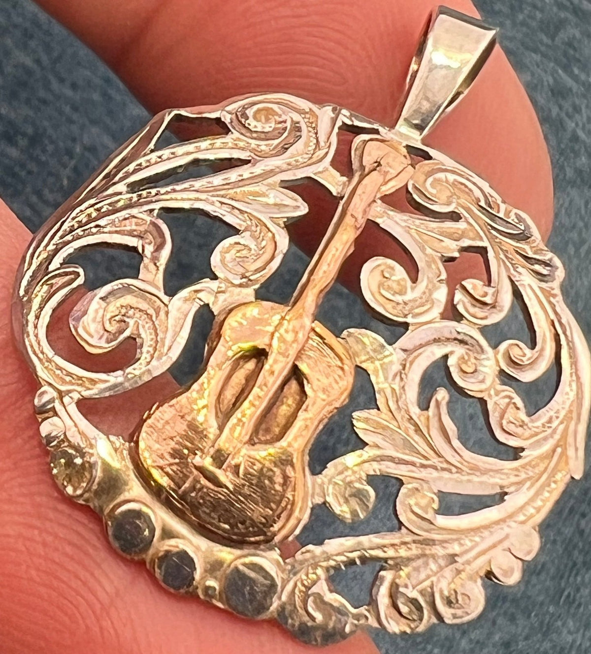 18k Yellow Gold Guitar on 925 Silver Filigree Medallion Pendant. 1.5"