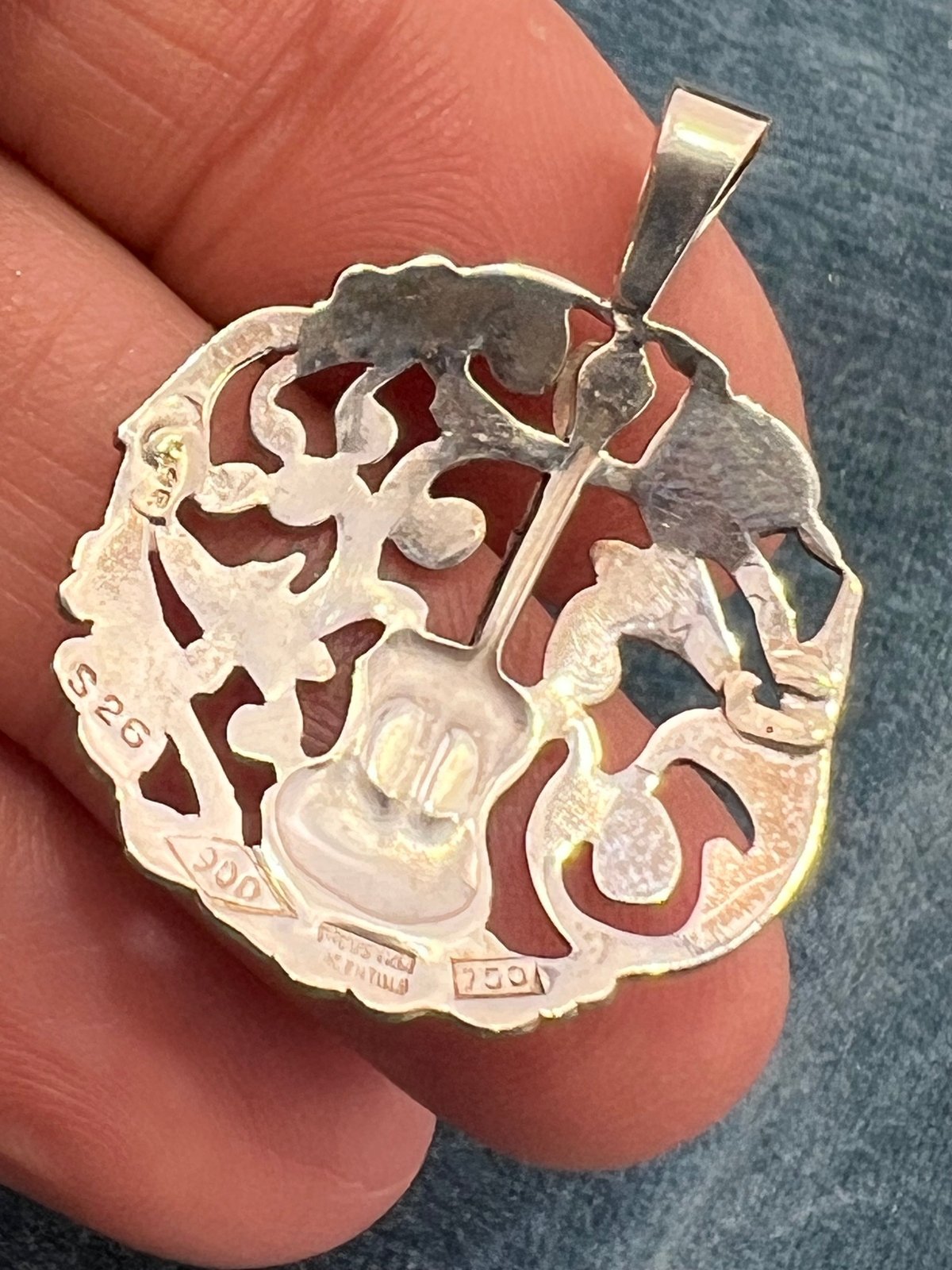18k Yellow Gold Guitar on 925 Silver Filigree Medallion Pendant. 1.5"
