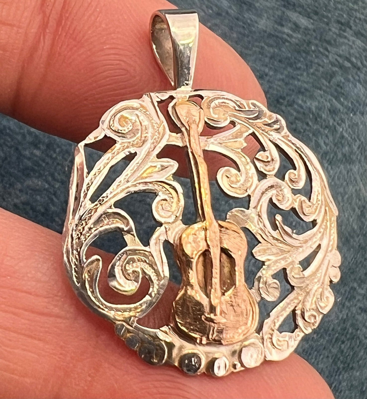 18k Yellow Gold Guitar on 925 Silver Filigree Medallion Pendant. 1.5"