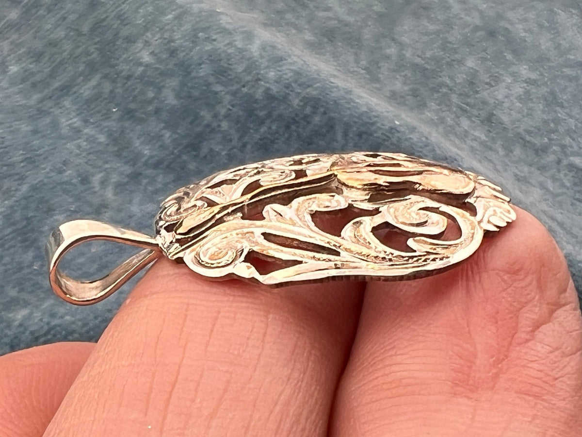 18k Yellow Gold Guitar on 925 Silver Filigree Medallion Pendant. 1.5"