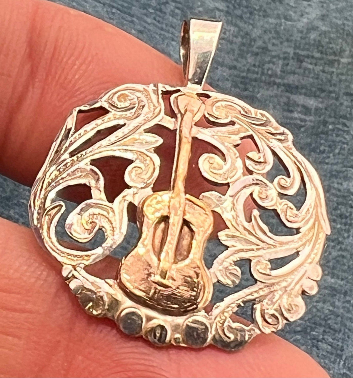 18k Yellow Gold Guitar on 925 Silver Filigree Medallion Pendant. 1.5"