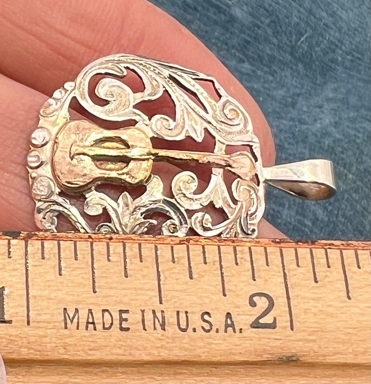 18k Yellow Gold Guitar on 925 Silver Filigree Medallion Pendant. 1.5"