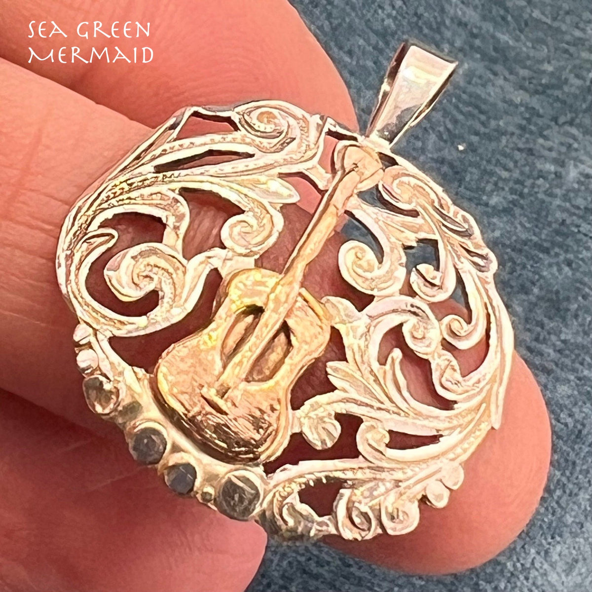 18k Yellow Gold Guitar on Silver Filigree Medallion Pendant. 1.5"