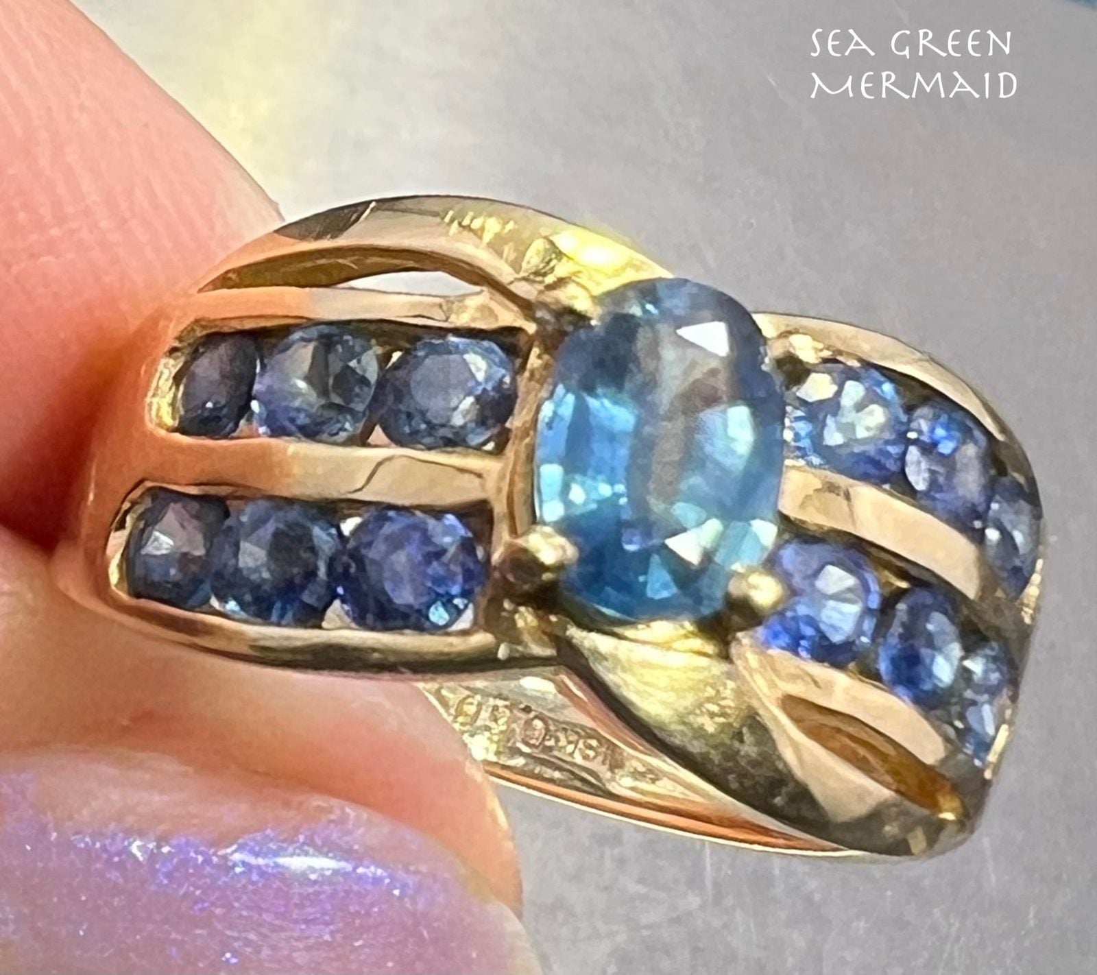 18k Yellow Gold Natural Ceylon Blue Sapphire Ring. Wide Band