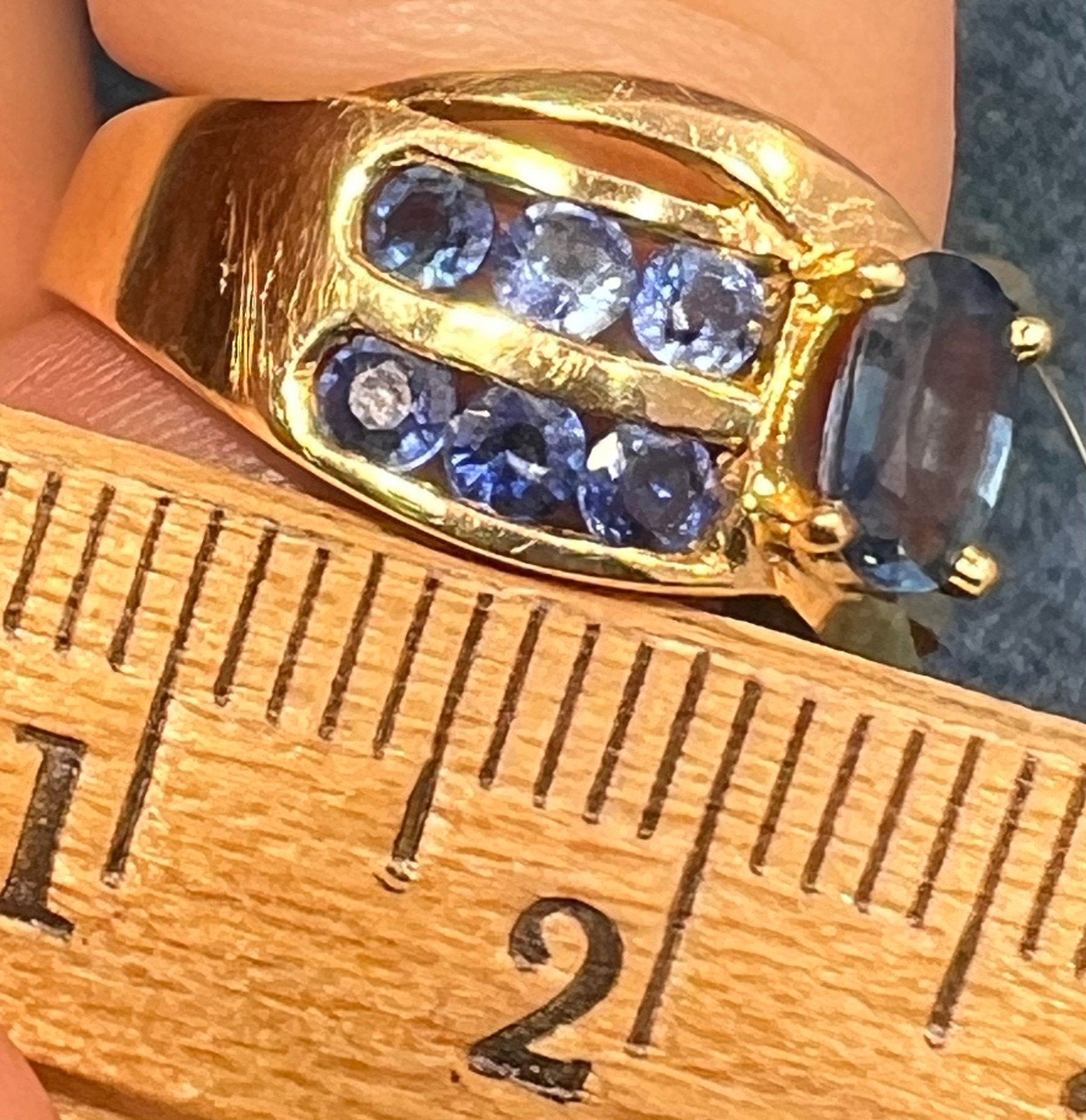 18k Yellow Gold Natural Ceylon Blue Sapphire Ring. Wide Band