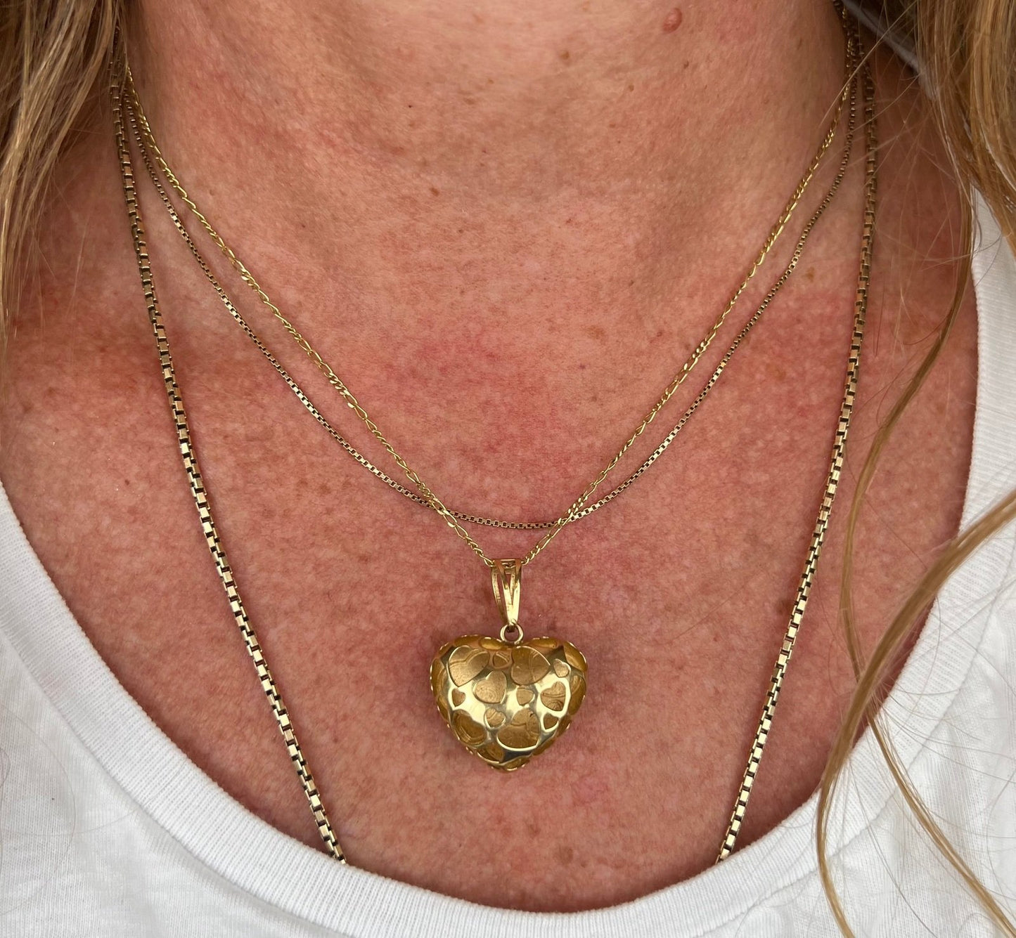 18k Yellow Gold Puffy Heart Pendant. Reversible Colorful + Cut-Out Hearts