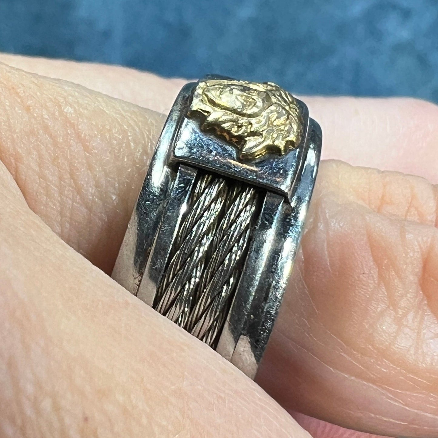 18k Yellow Gold + S Steel Cable MEDUSA Ring. Wide Band