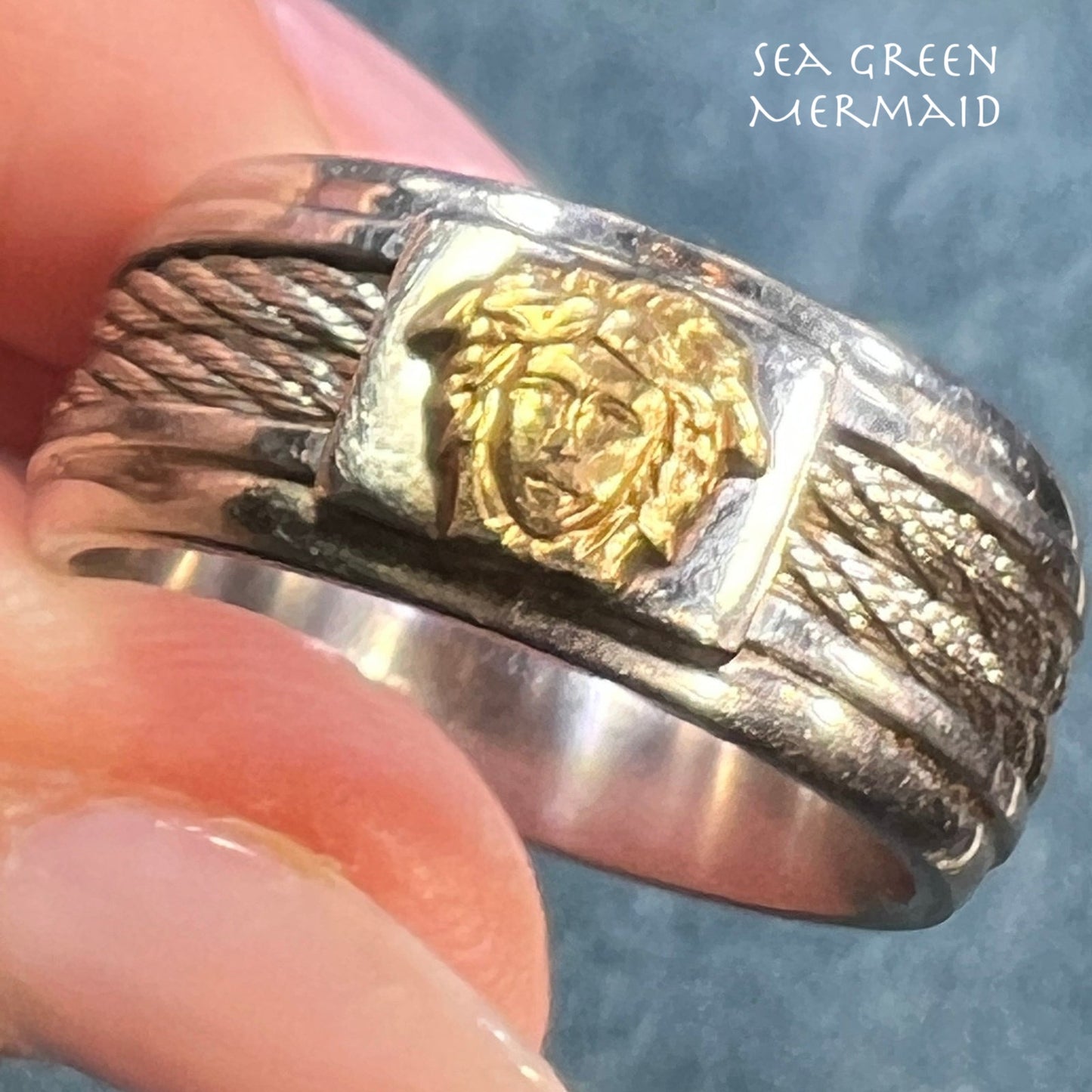 18k Yellow Gold + S Steel Cable MEDUSA Ring. Wide Band