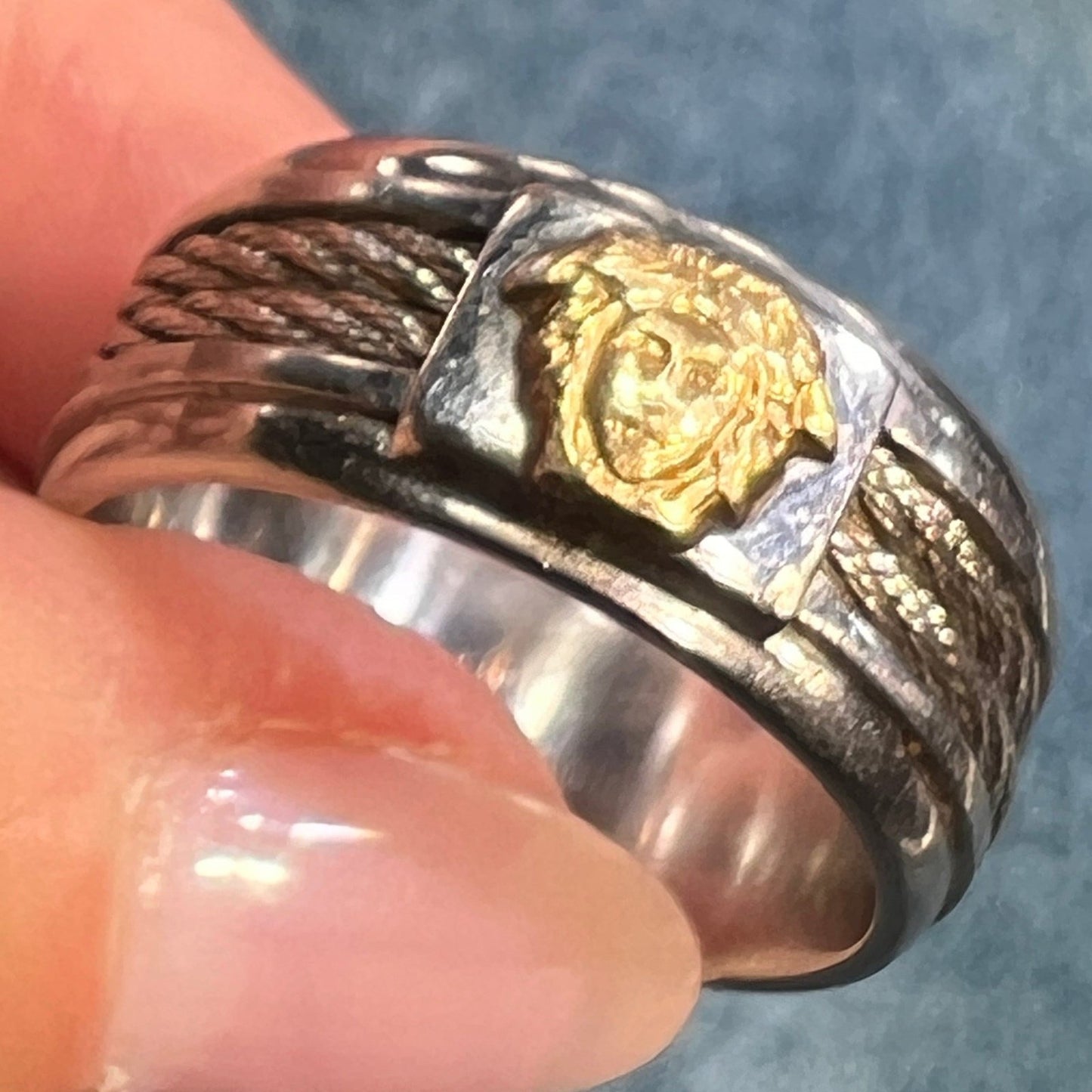 18k Yellow Gold + S Steel Cable MEDUSA Ring. Wide Band