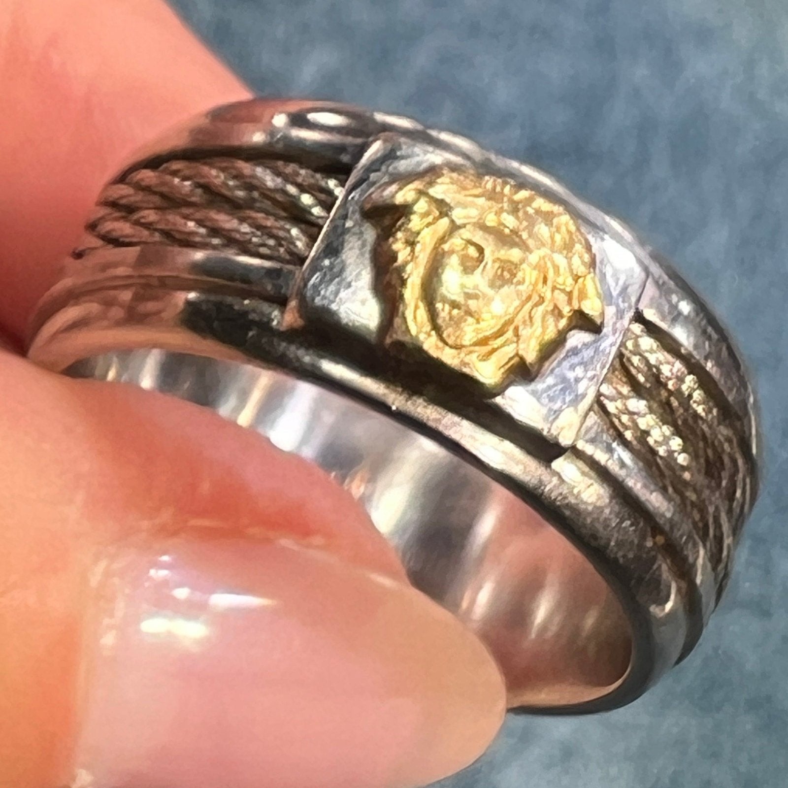 18k Yellow Gold + S Steel Cable MEDUSA Ring. Wide Band