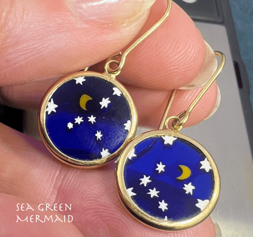 18k Yellow Gold Starry Night Murano Crescent Moon Glass Earrings