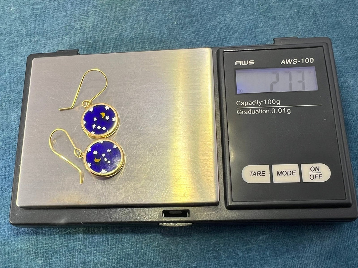 18k Yellow Gold Starry Night Murano Crescent Moon Glass Earrings
