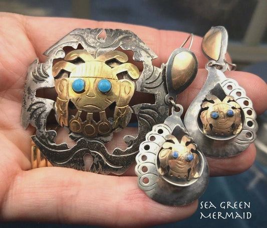 18k Yellow Gold + Sterling Mayan Turquoise Earrings & Pendant