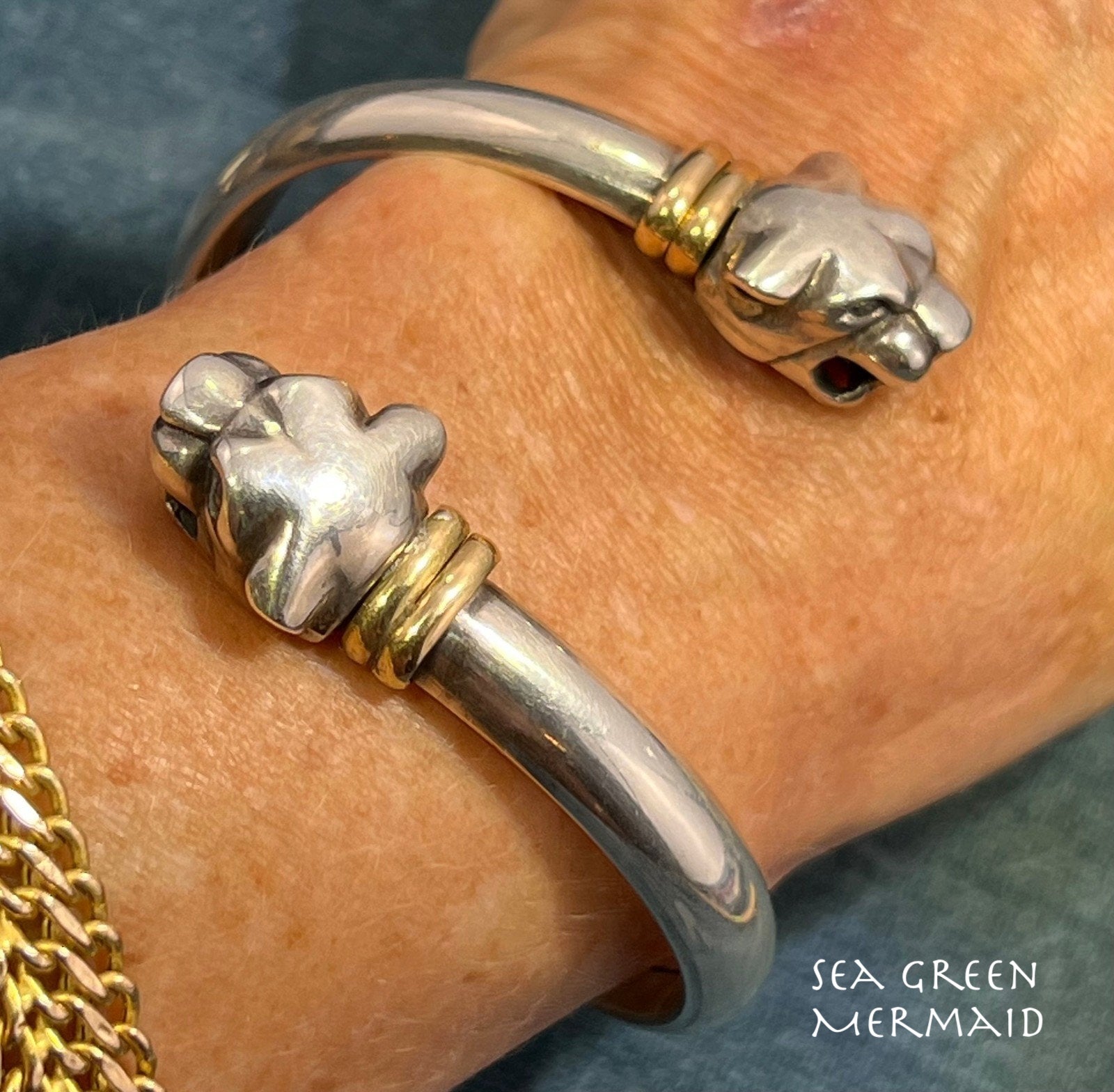 18k Yellow Gold & Sterling Silver 2 LEOPARD TIGER Wrap Bracelet. 28g