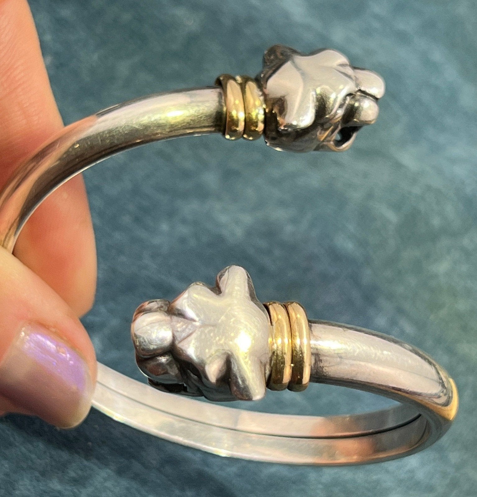 18k Yellow Gold & Sterling Silver 2 LEOPARD Wrap Bracelet. 22g