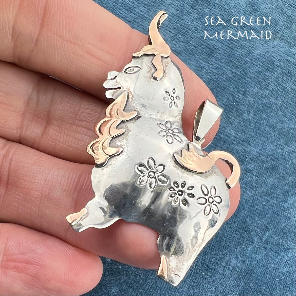 18k Yellow Gold + Sterling Silver Peruvian BULL Pendant. Ferdinand