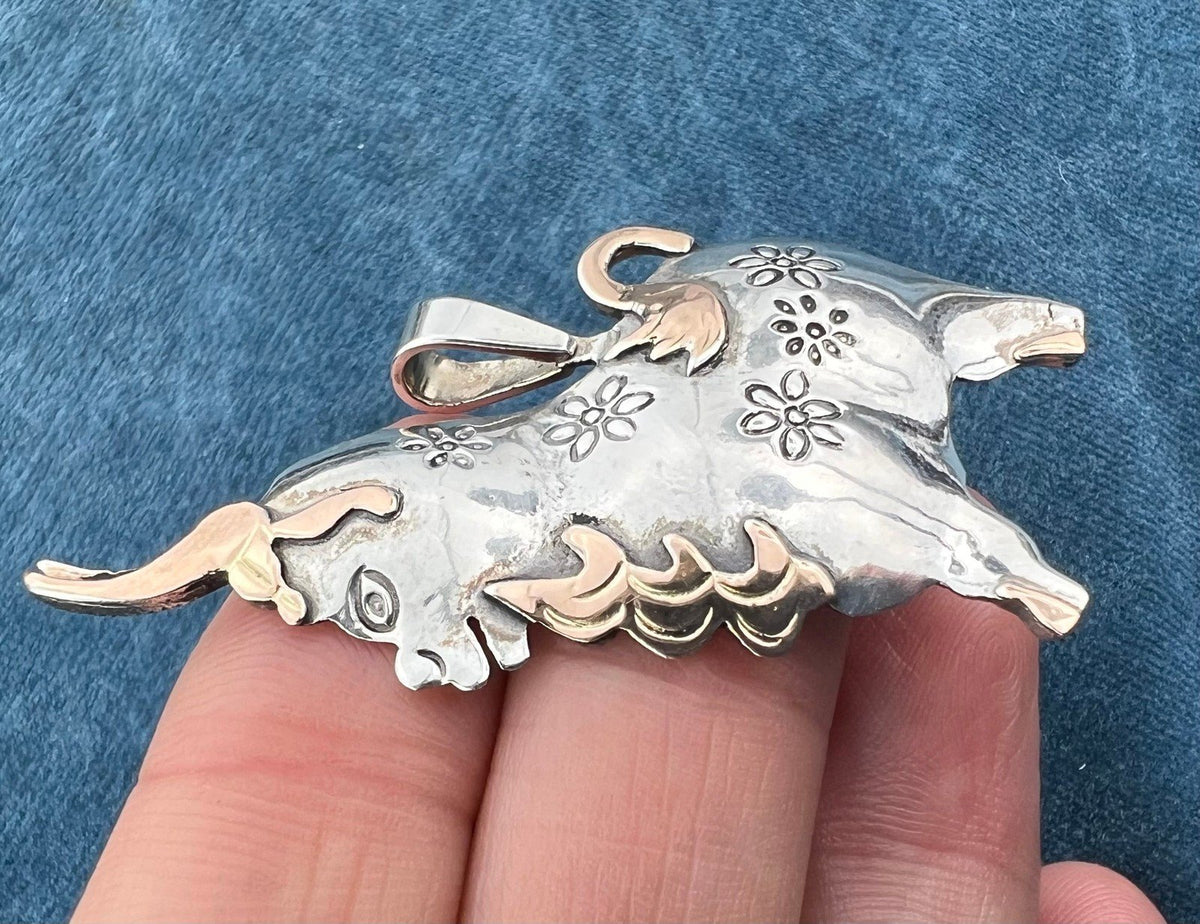 18k Yellow Gold + Sterling Silver Peruvian BULL Pendant. Ferdinand