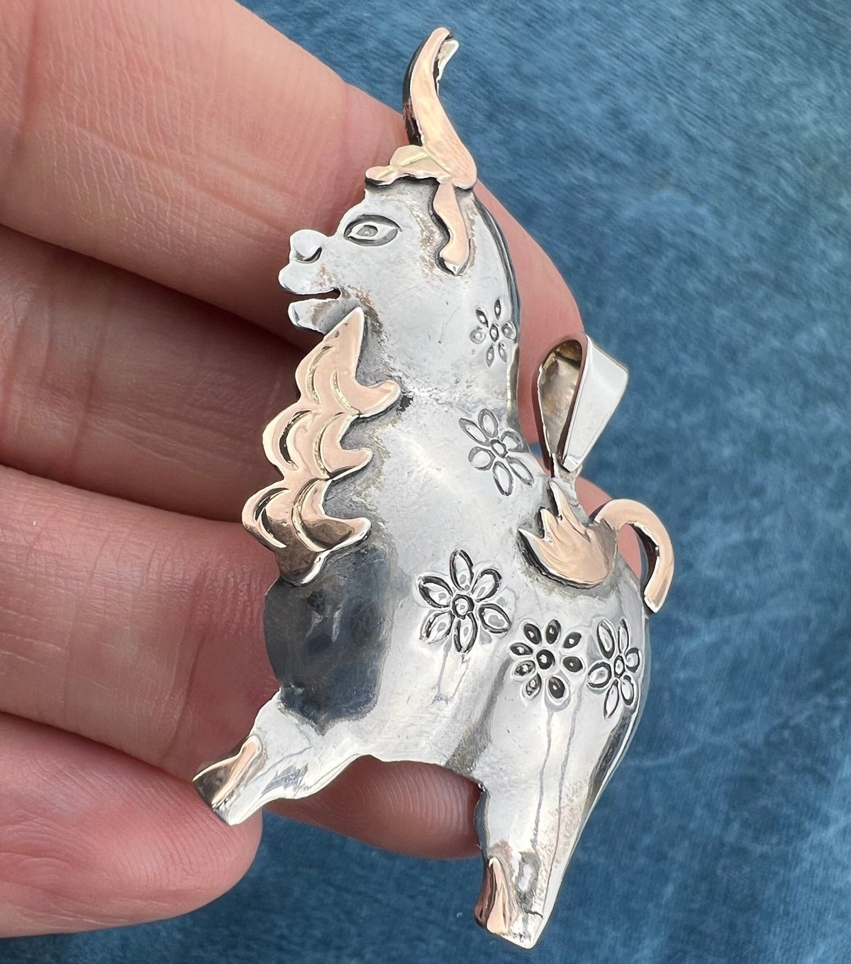 18k Yellow Gold + Sterling Silver Peruvian BULL Pendant. Ferdinand