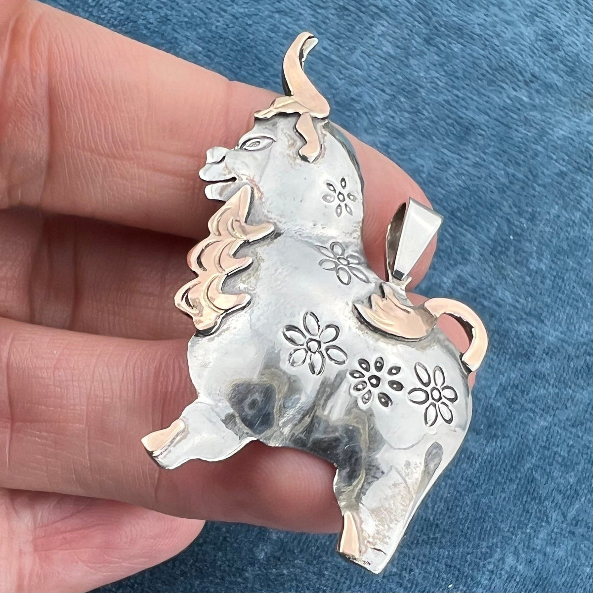 18k Yellow Gold + Sterling Silver Peruvian BULL Pendant. Ferdinand