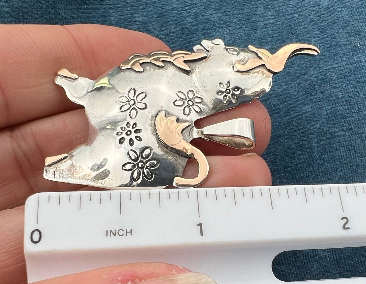 18k Yellow Gold + Sterling Silver Peruvian BULL Pendant. Ferdinand