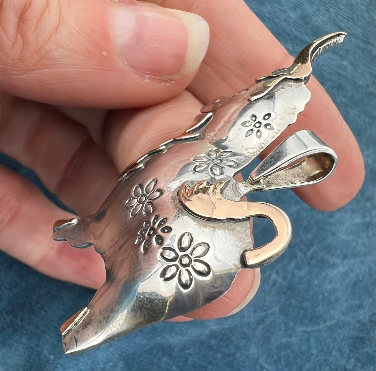 18k Yellow Gold + Sterling Silver Peruvian BULL Pendant. Ferdinand