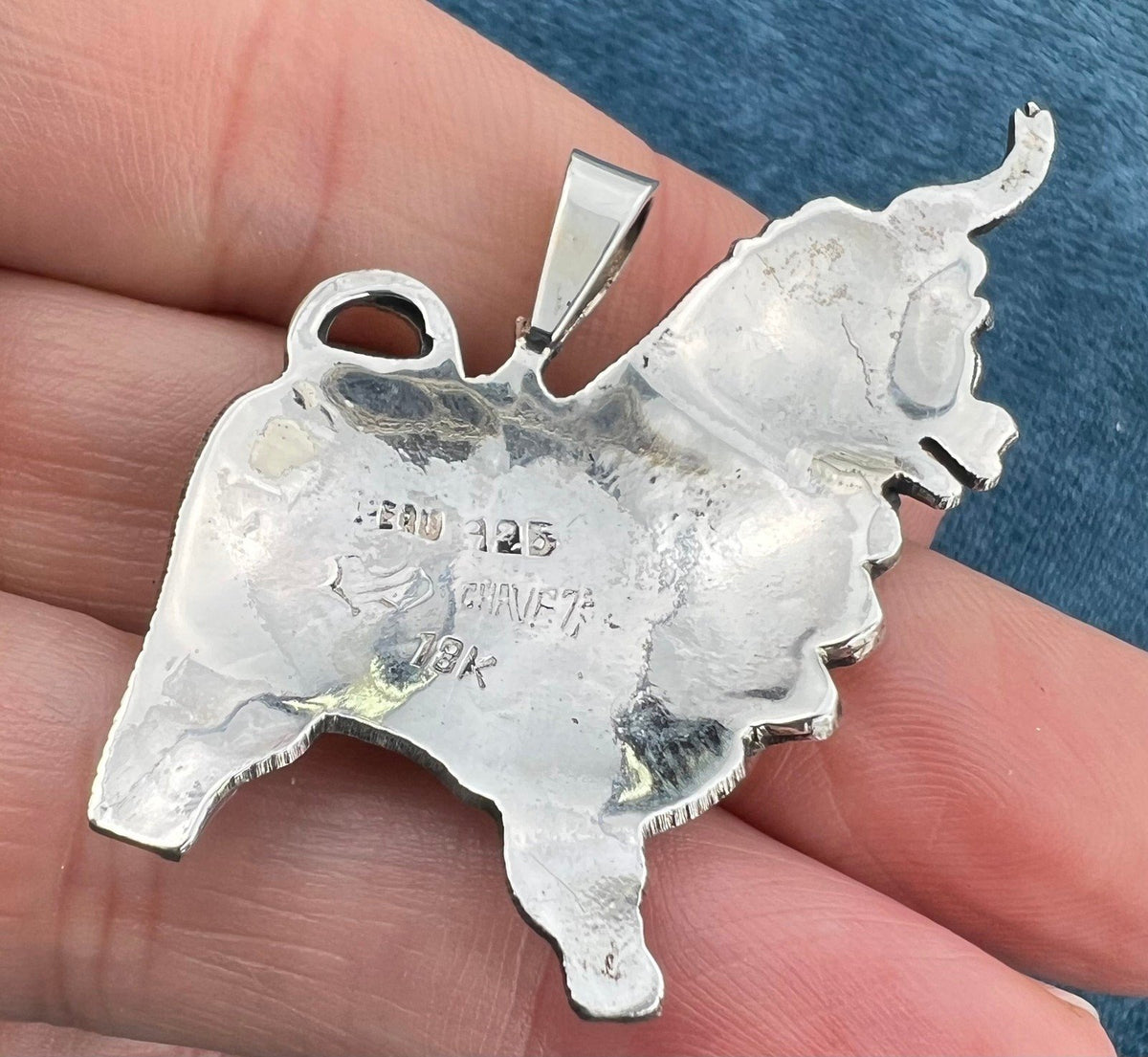 18k Yellow Gold + Sterling Silver Peruvian BULL Pendant. Ferdinand
