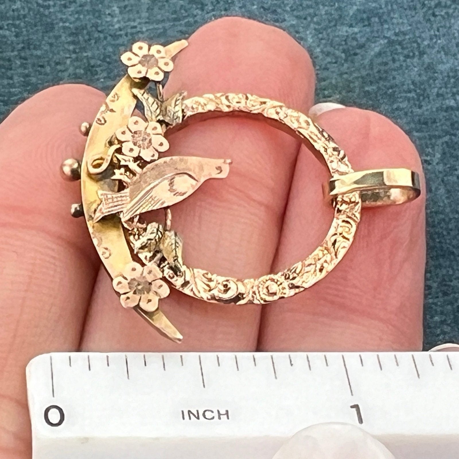 9k + 10k Gold Circle Pendant with Bird + Crescent Moon Pendant. Victorian