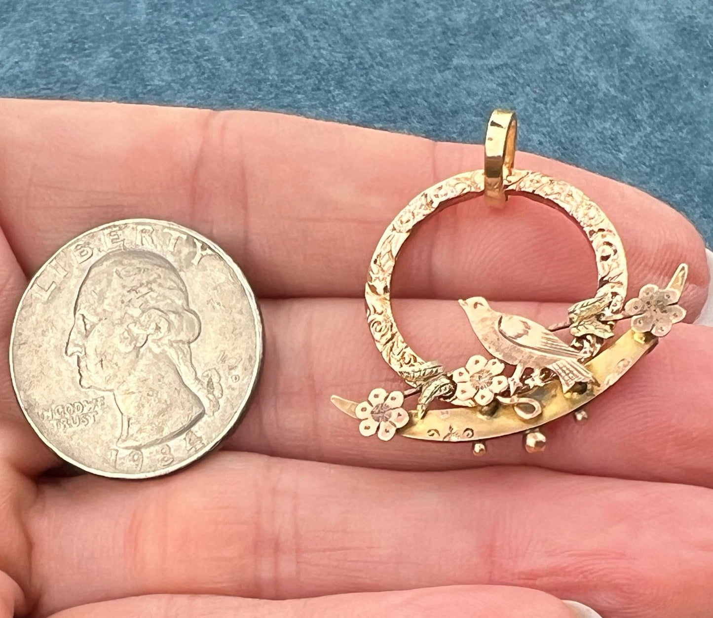 9k + 10k Gold Circle Pendant with Bird + Crescent Moon Pendant. Victorian