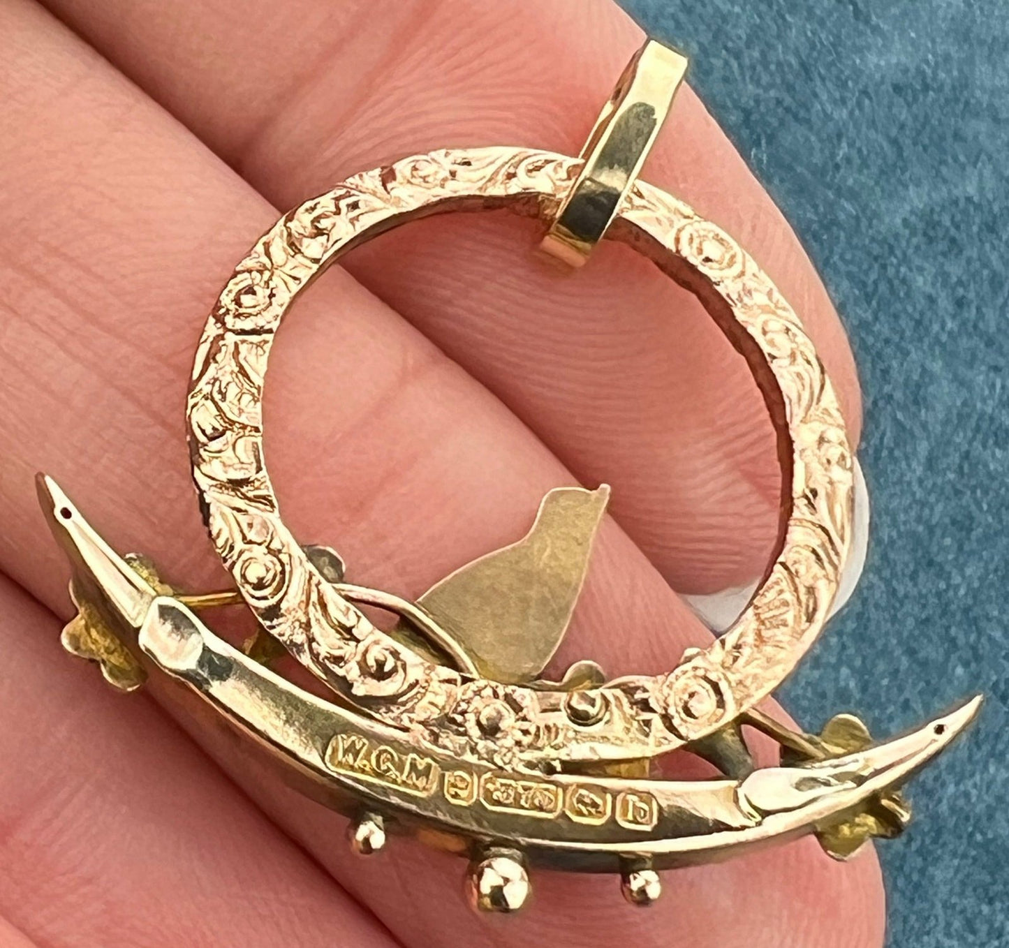 9k + 10k Gold Circle Pendant with Bird + Crescent Moon Pendant. Victorian