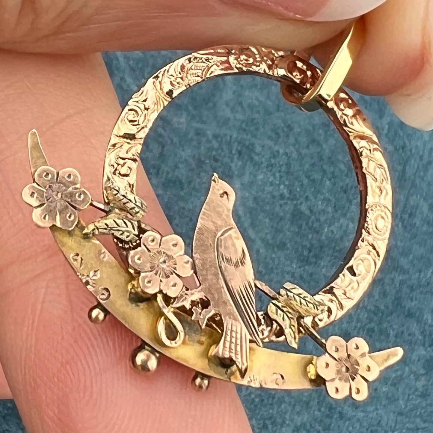 9k + 10k Gold Circle Pendant with Bird + Crescent Moon Pendant. Victorian