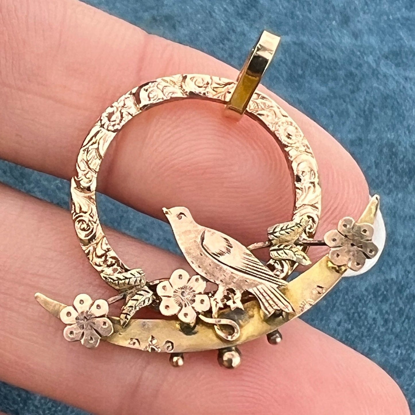 9k + 10k Gold Circle Pendant with Bird + Crescent Moon Pendant. Victorian