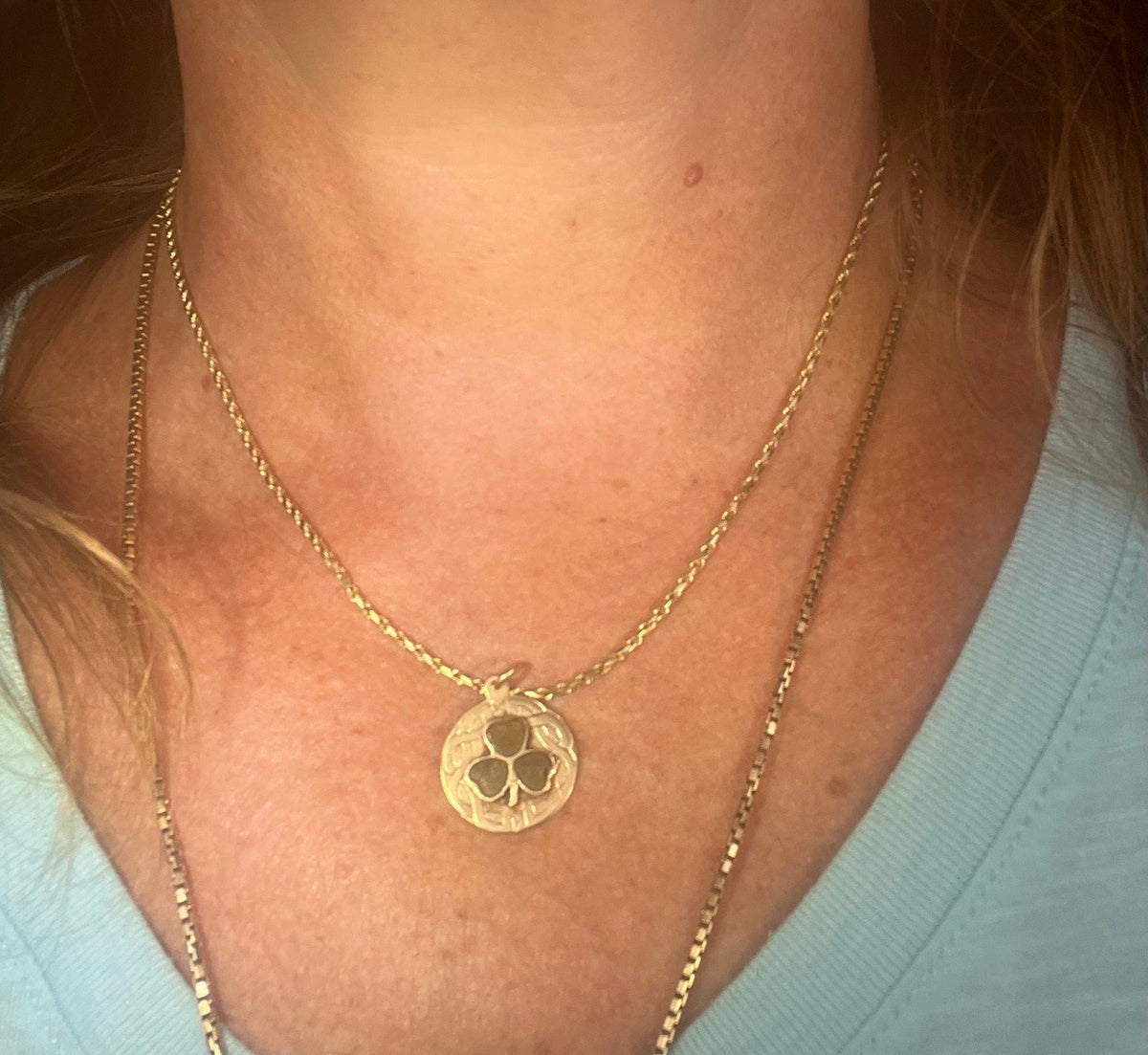 9k -10k Gold Irish Connemara Marble Shamrock Clover Medallion Pendant