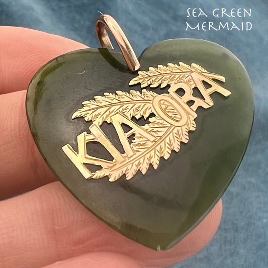 9k- 10k Gold NZ Maori 1.5" Jade Heart Pendant. KIA ORA "Be Well"