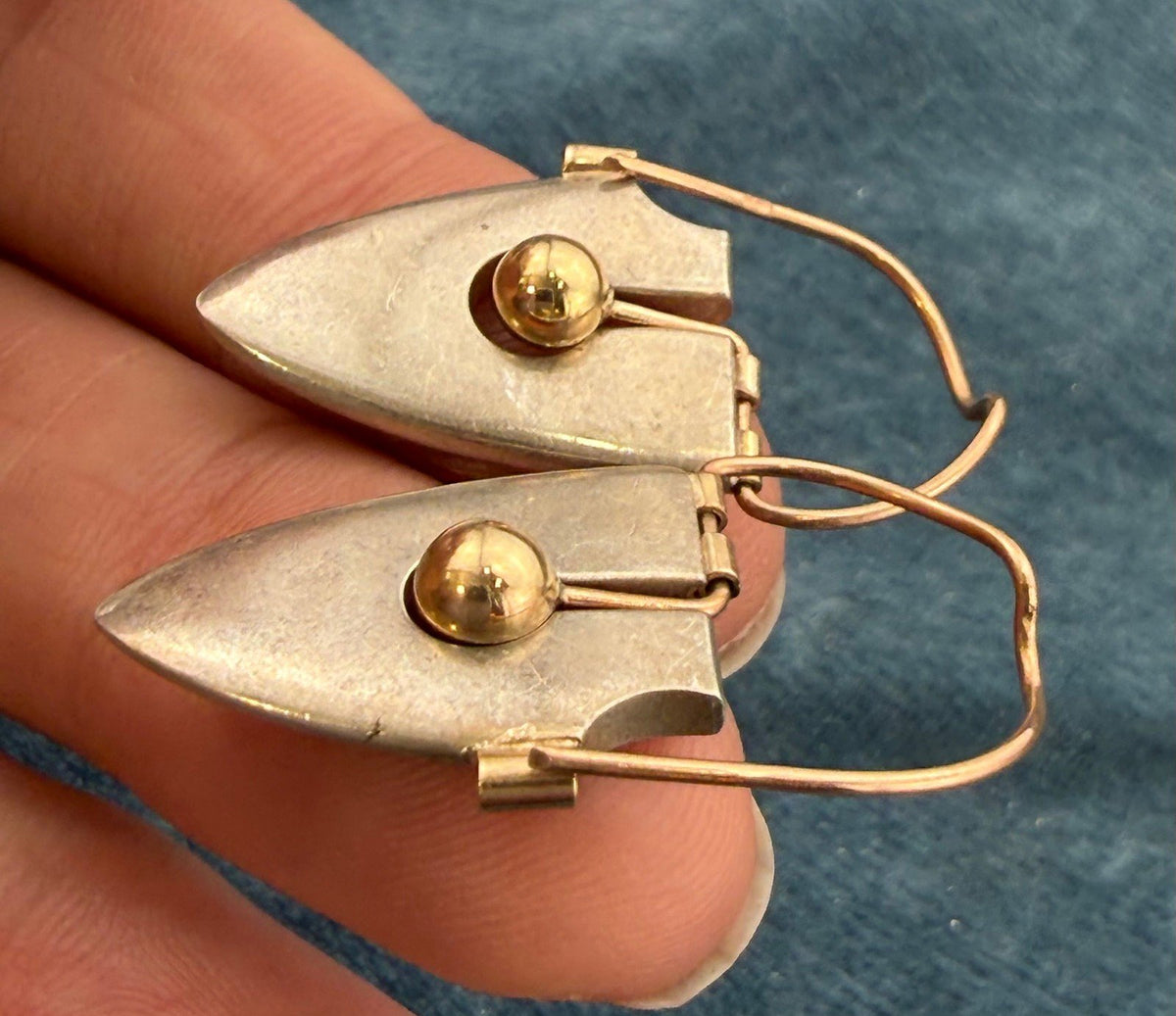 9k - 10k Yellow Gold + Silver MCM Modernist Steampunk Earrings. 11g + 1.4" *Video*