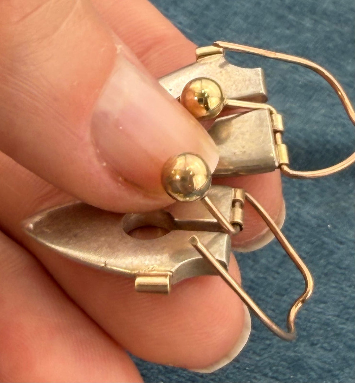 9k - 10k Yellow Gold + Silver MCM Modernist Steampunk Earrings. 11g + 1.4" *Video*