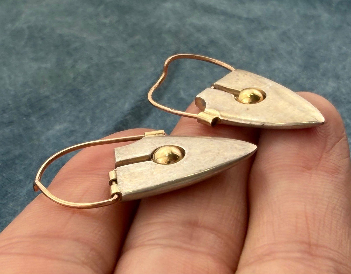 9k - 10k Yellow Gold + Silver MCM Modernist Steampunk Earrings. 11g + 1.4" *Video*